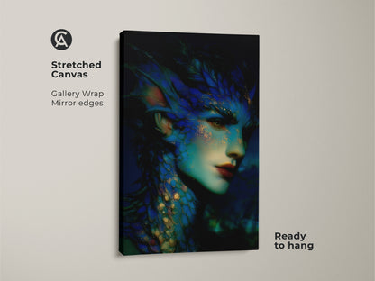 Stretched canvas print of a dark fantasy mermaid. The teal and gold artwork showcases a mythological sea creature in surreal style. Gallery wrapped with mirrored edges and ready to hang. An ideal eclectic gift for fantasy art lovers.