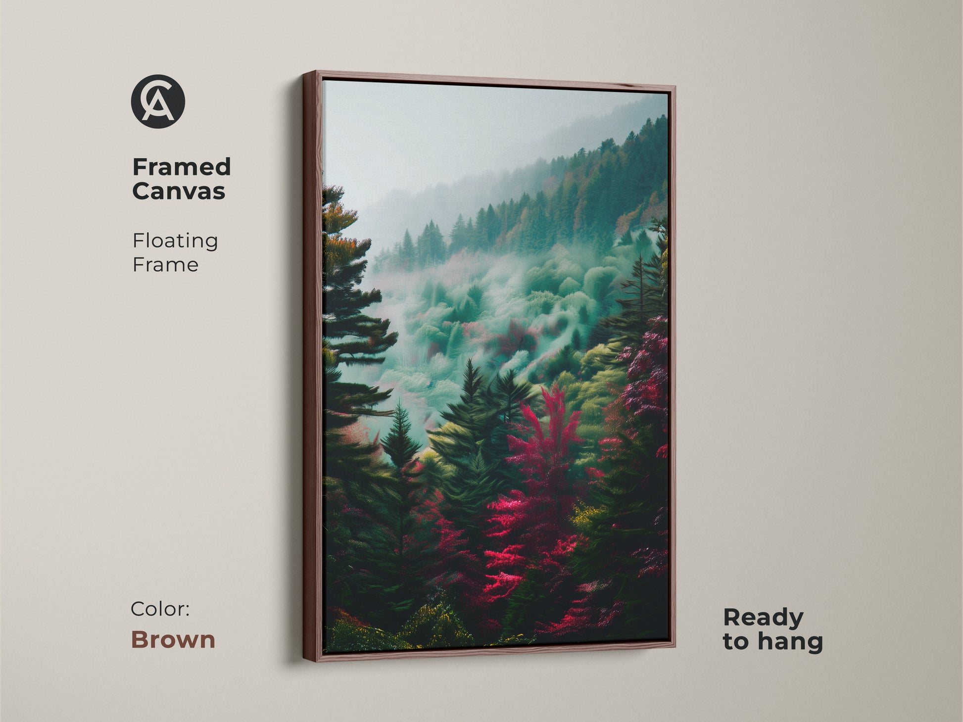 Framed canvas art with a floating frame in brown. This artwork presents a misty forest landscape. Ready to hang this piece adds warmth and natural beauty to your home decor.