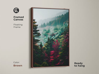 Framed canvas art with a floating frame in brown. This artwork presents a misty forest landscape. Ready to hang this piece adds warmth and natural beauty to your home decor.