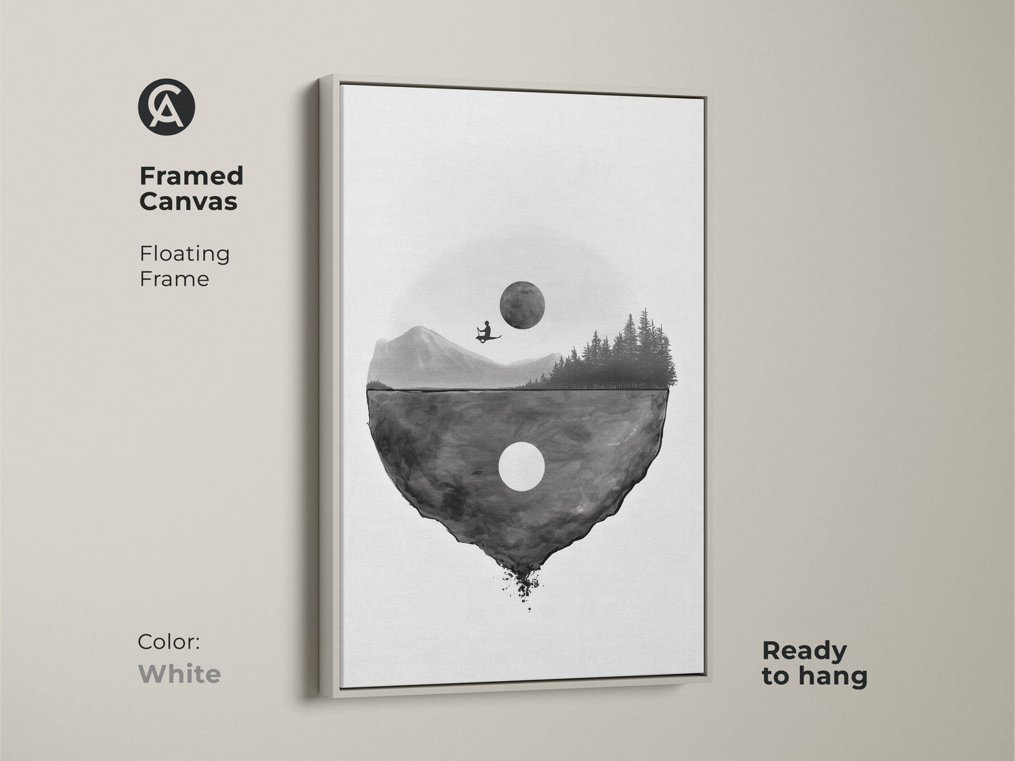 Framed canvas featuring minimalist floating island art with a white floating frame. This surreal moon landscape print is ready to hang. The black and white abstract artwork offers a clean modern look. Ideal for a contemporary bedroom decor.