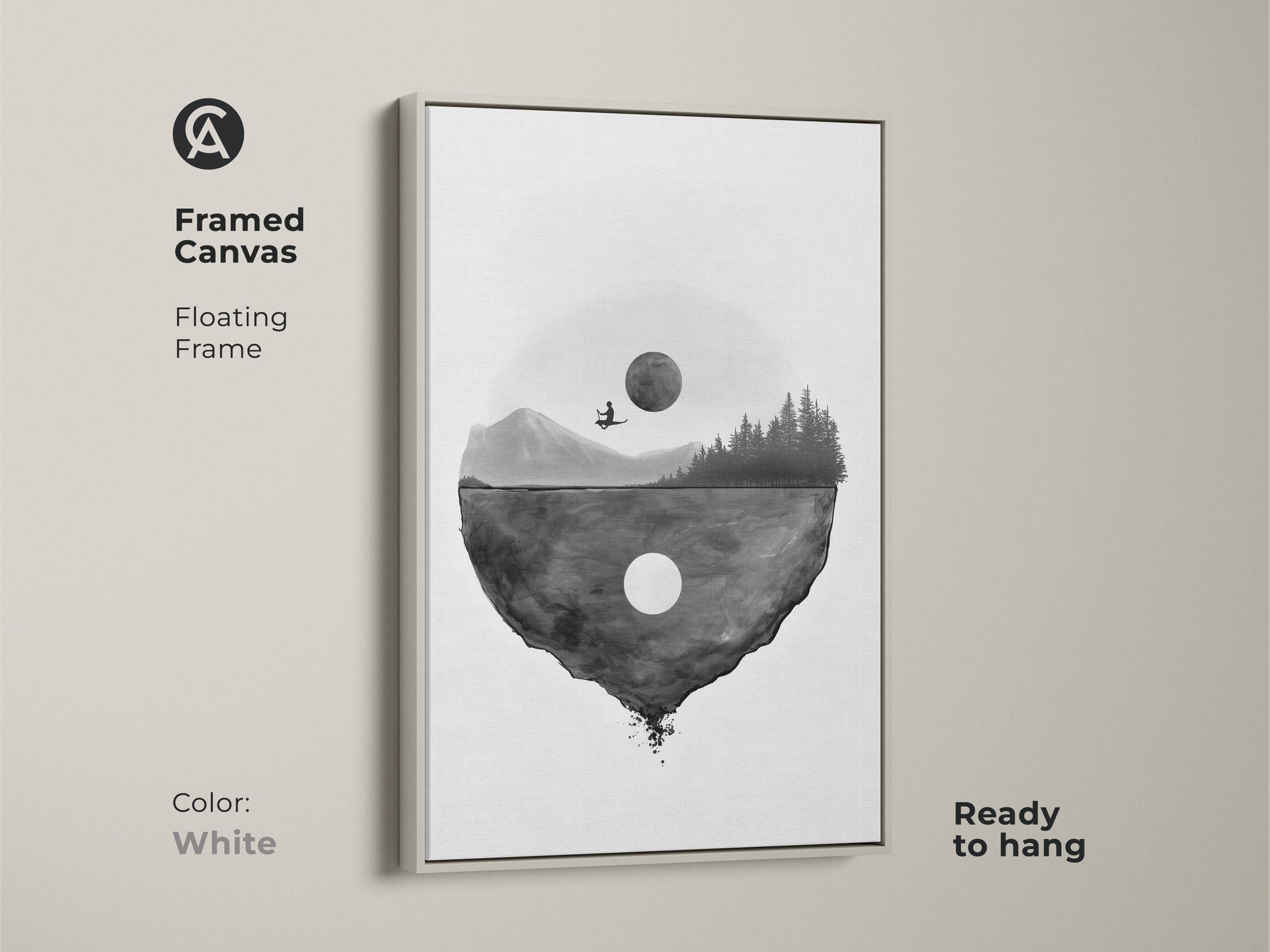 Framed canvas featuring minimalist floating island art with a white floating frame. This surreal moon landscape print is ready to hang. The black and white abstract artwork offers a clean modern look. Ideal for a contemporary bedroom decor.