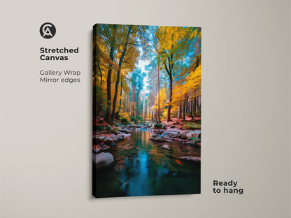 Bring nature indoors with this stunning gallery wrapped canvas art. The vibrant forest stream artwork features mirror edges. This ready to hang piece adds depth to any space. The golden hues of the trees create a warm inviting atmosphere in your home.