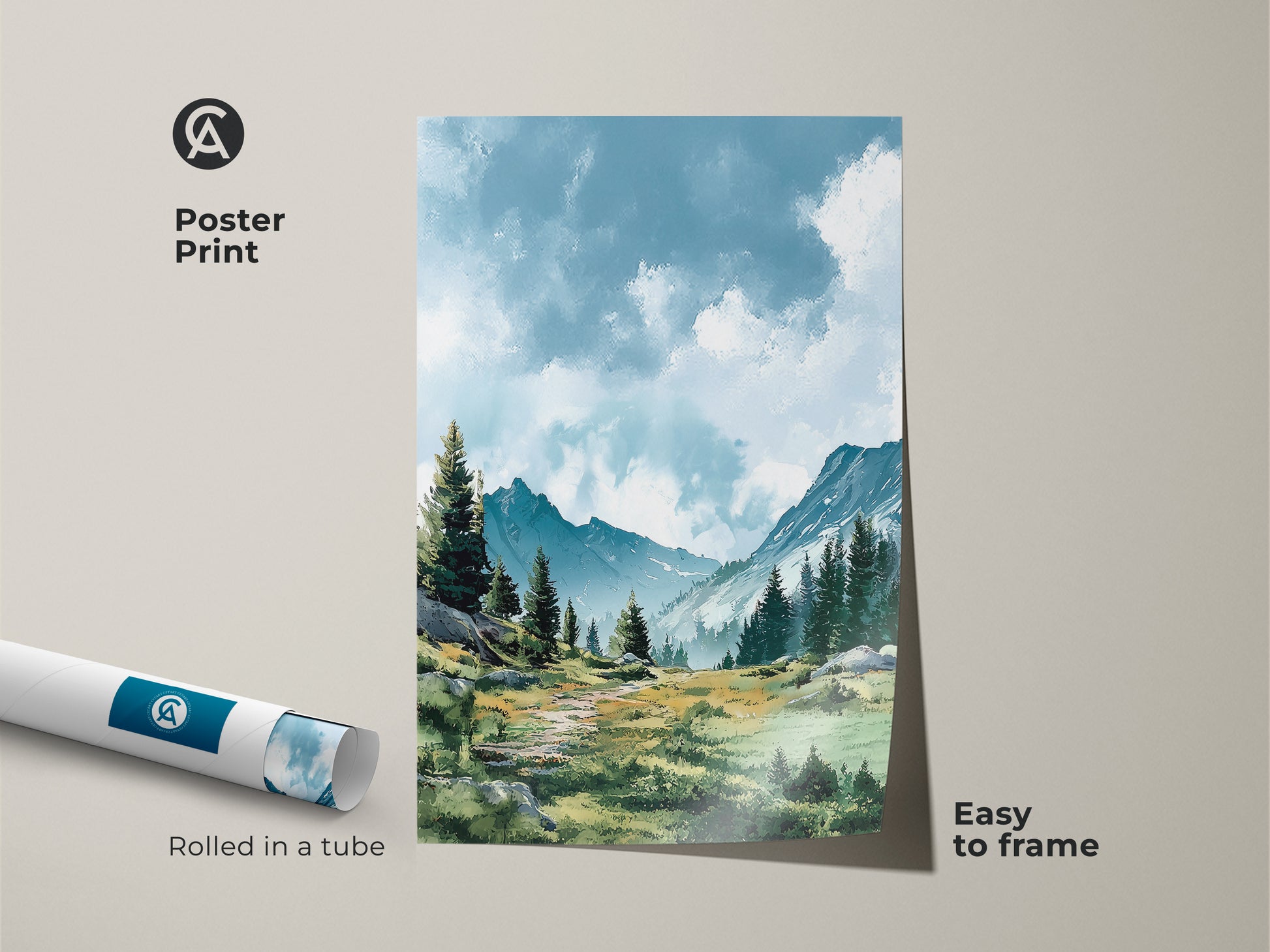 Bring nature indoors with this exquisite mountain landscape poster print. Rolled in a tube for easy framing. This artwork captures the beauty of the mountains. Perfect for adding a touch of serenity to any space. Easy to frame and display.