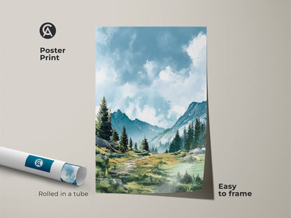 Bring nature indoors with this exquisite mountain landscape poster print. Rolled in a tube for easy framing. This artwork captures the beauty of the mountains. Perfect for adding a touch of serenity to any space. Easy to frame and display.