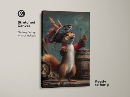 Add a touch of whimsy to your decor with this eclectic animal wall art. The pirate squirrel artwork is gallery-wrapped on stretched canvas. It's ready to hang with mirrored edges. This fantasy bar art is a unique gift for rum enthusiasts and adds character to any room.