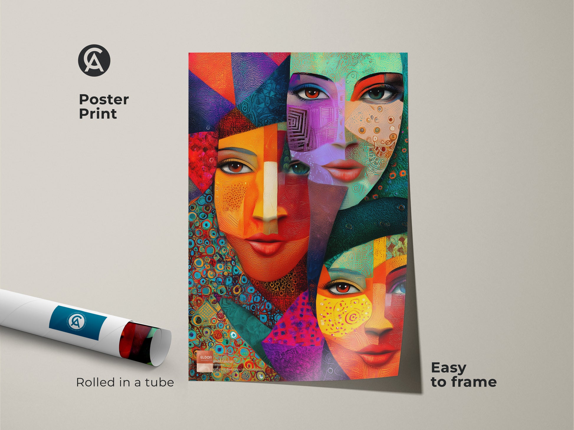 Poster print of geometric abstract faces art. The cubist-style portrait features teal orange and red colors. This eclectic artwork is easy to frame. Rolled in a tube for safe shipping. Perfect for modern wall decor.