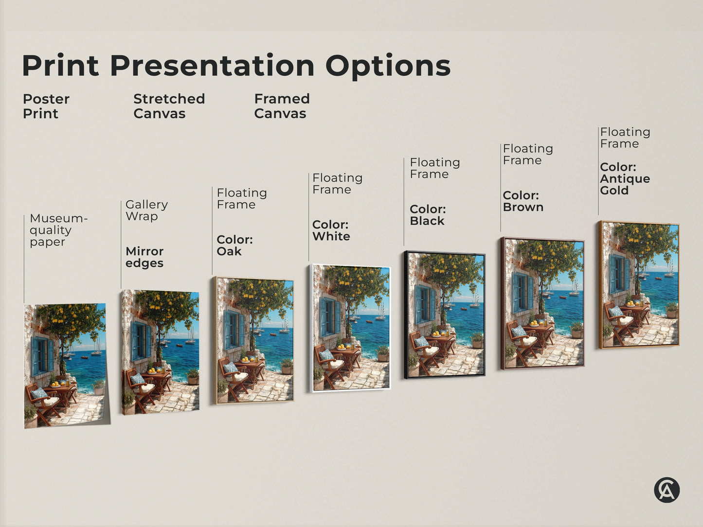 Explore our print presentation options. Choose from poster print stretched canvas or framed canvas. The artwork showcases a mediterranean lemon tree overlooking the azure ocean with sailboats. Options include various floating frame colors such as white black brown oak and antique gold. Find the perfect style to complement your coastal home decor.