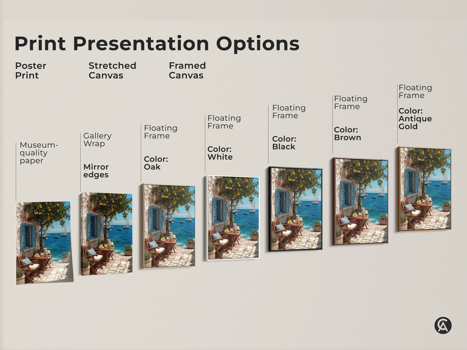 Explore our print presentation options. Choose from poster print stretched canvas or framed canvas. The artwork showcases a mediterranean lemon tree overlooking the azure ocean with sailboats. Options include various floating frame colors such as white black brown oak and antique gold. Find the perfect style to complement your coastal home decor.