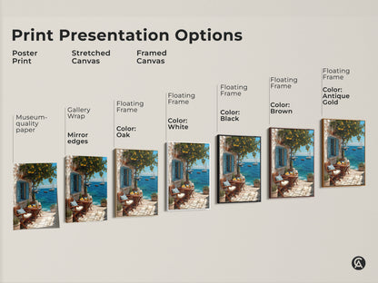 Explore our print presentation options. Choose from poster print stretched canvas or framed canvas. The artwork showcases a mediterranean lemon tree overlooking the azure ocean with sailboats. Options include various floating frame colors such as white black brown oak and antique gold. Find the perfect style to complement your coastal home decor.