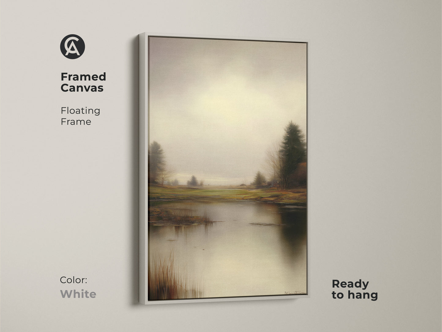 Framed canvas in white displays a muted gray art print. The floating frame provides a clean look for the trees by water canvas. This rustic wall hanging is ready to hang in any art for bedroom.