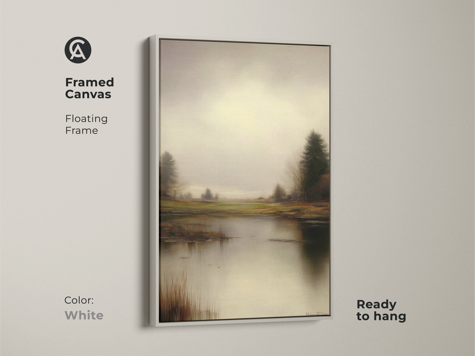 Framed canvas in white displays a muted gray art print. The floating frame provides a clean look for the trees by water canvas. This rustic wall hanging is ready to hang in any art for bedroom.