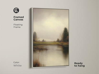 Framed canvas in white displays a muted gray art print. The floating frame provides a clean look for the trees by water canvas. This rustic wall hanging is ready to hang in any art for bedroom.