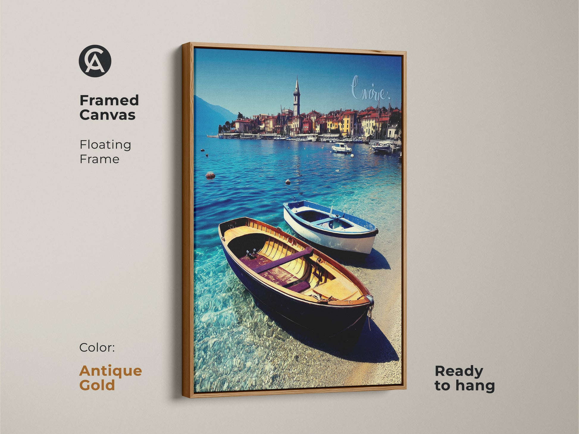 Antique gold framed canvas art featuring a European coastal town. This floating frame accentuates the realistic photography style. The blue boats art on clear waters evokes seaside charm. A great housewarming gift. Add this travel-inspired wall decor to your space ready to hang.