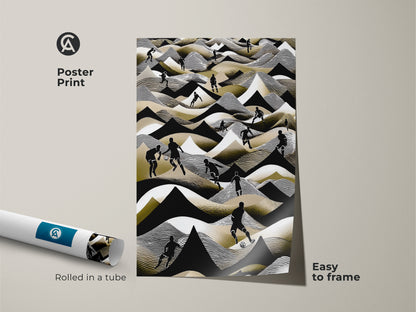 A rolled poster print displays abstract soccer artwork. The modern football art features black white and gold colors. It is easy to frame. This print makes a great gift for sports enthusiasts. The abstract style adds a contemporary touch.