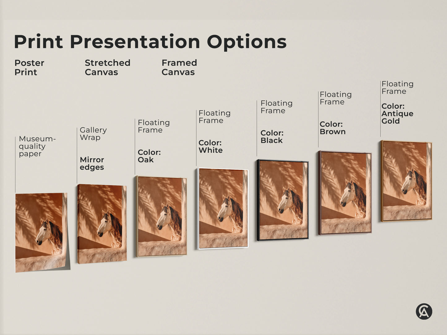 Explore print presentation options for boho horse wall art. Choose from poster prints stretched canvas and framed canvas. Terracotta animal print featuring a photorealistic horse and palm fronds. Discover gallery wrap museum quality edges and floating frame options for equestrian decor.