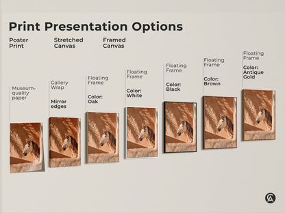 Explore print presentation options for boho horse wall art. Choose from poster prints stretched canvas and framed canvas. Terracotta animal print featuring a photorealistic horse and palm fronds. Discover gallery wrap museum quality edges and floating frame options for equestrian decor.