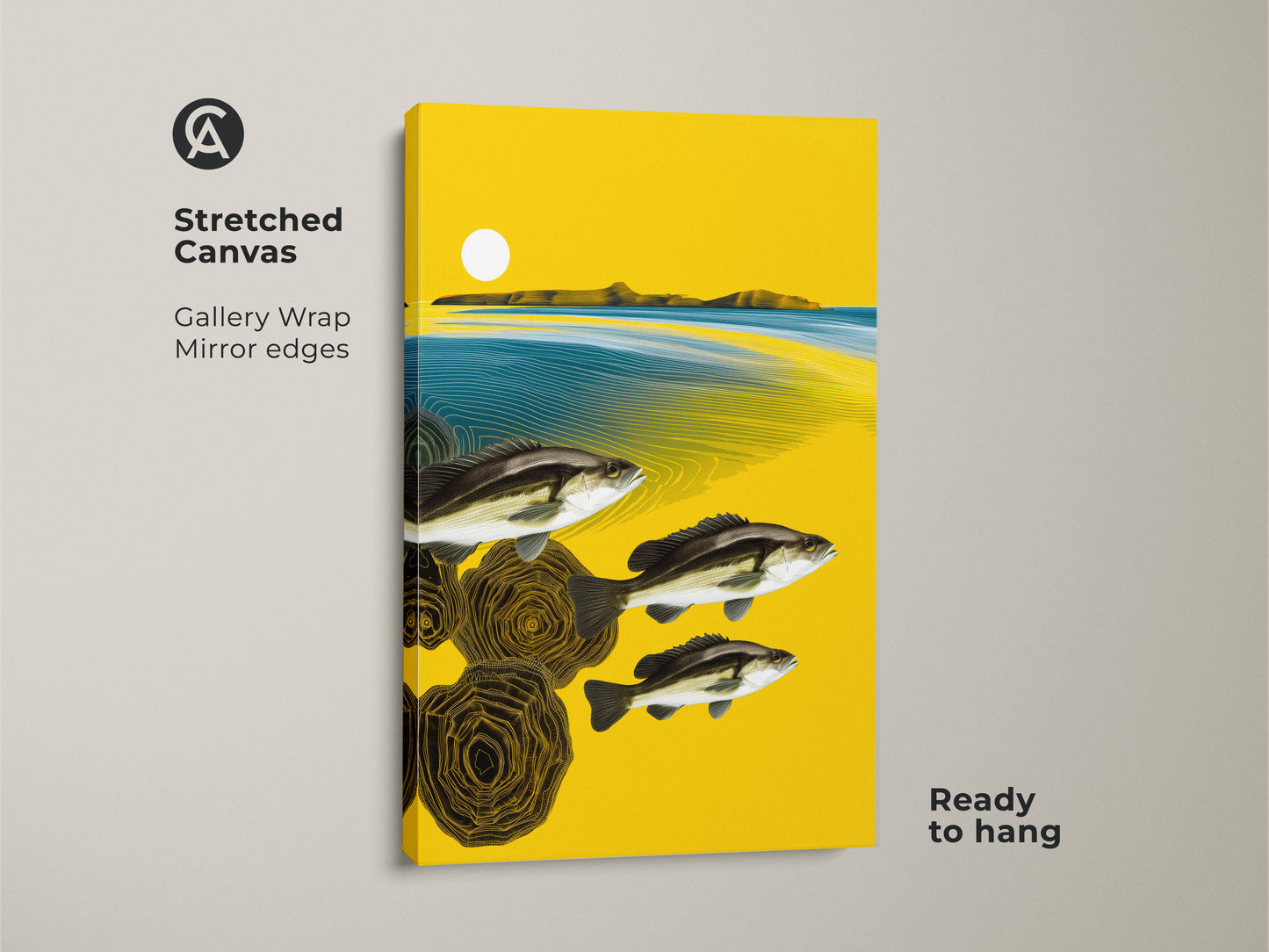 Elevate your space with this abstract fish canvas artwork. The eclectic yellow teal landscape print features a gallery wrap and mirrored edges. It arrives ready to hang and admire. This is a perfect housewarming gift.
