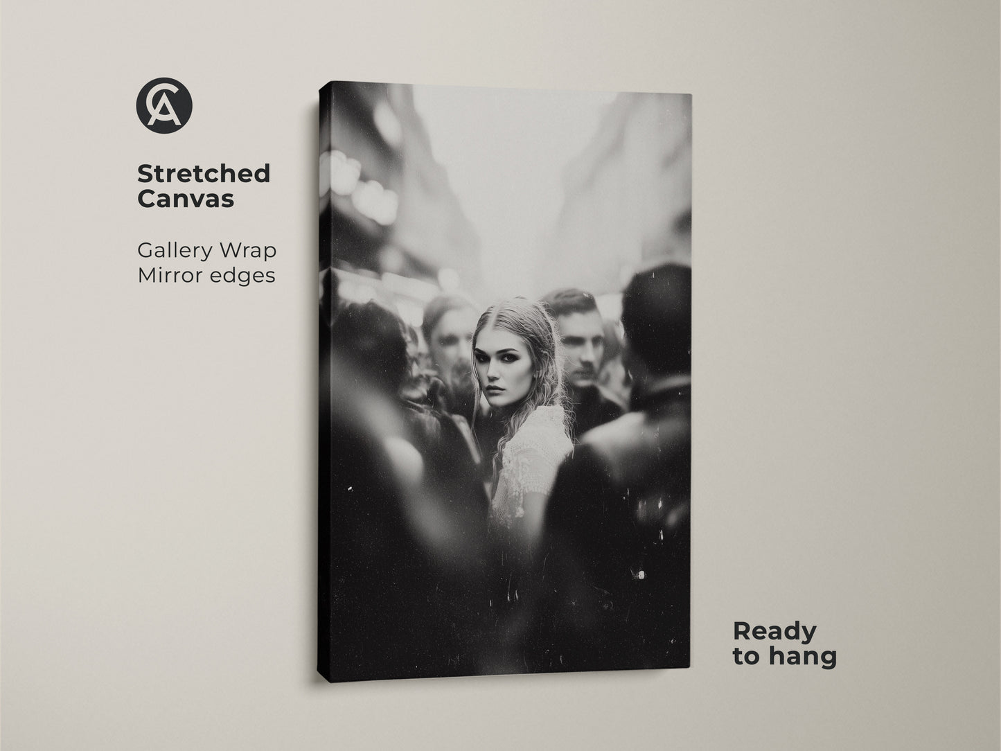 Elevate your decor with this black and white wall art. Featuring a captivating woman's portrait in a street scene. This monochrome street photography is printed on stretched canvas. It's ready to hang in your bedroom or living room. The gallery wrap and mirror edges add a refined touch. Perfect for contemporary home decor.