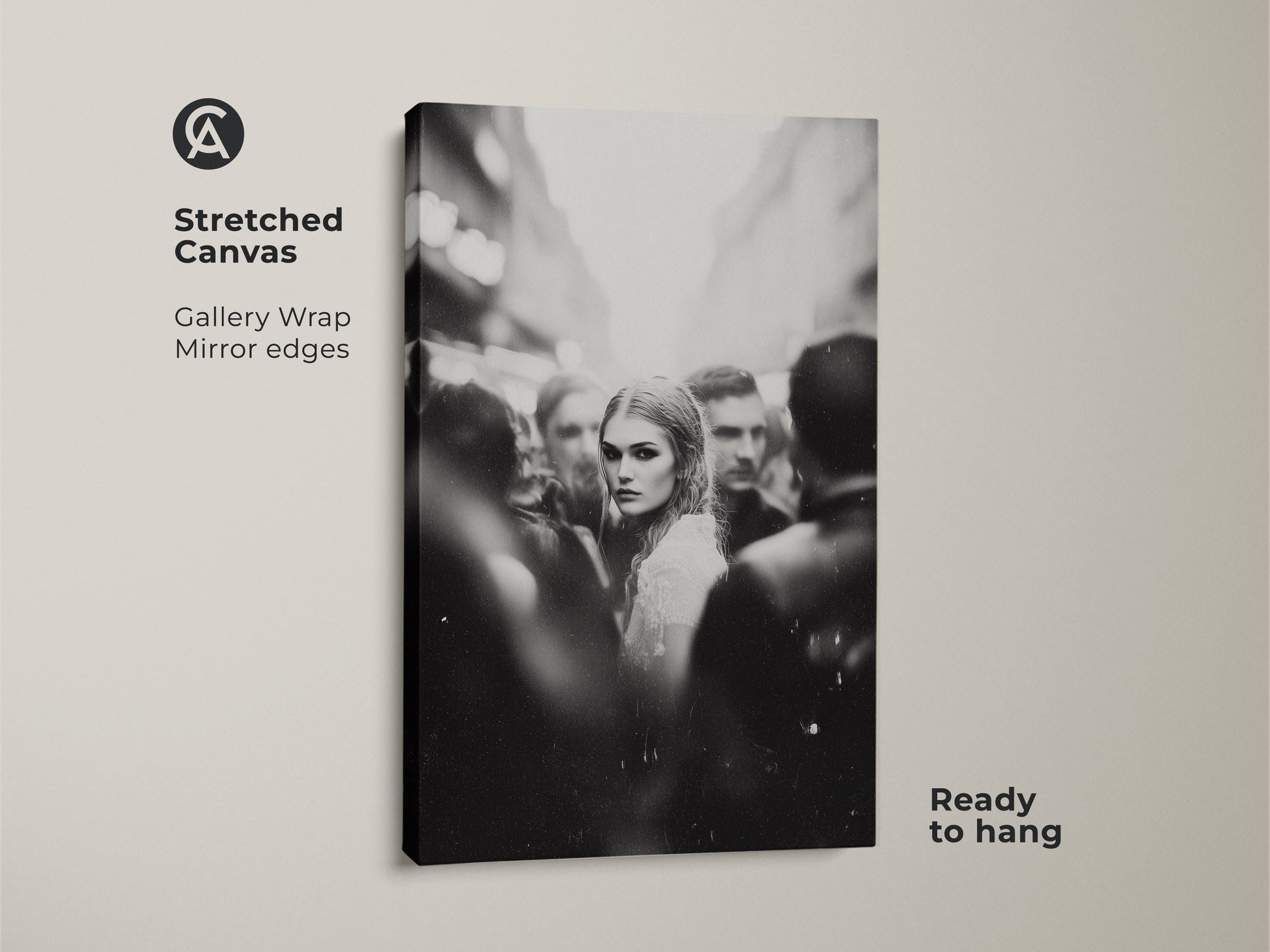 Elevate your decor with this black and white wall art. Featuring a captivating woman's portrait in a street scene. This monochrome street photography is printed on stretched canvas. It's ready to hang in your bedroom or living room. The gallery wrap and mirror edges add a refined touch. Perfect for contemporary home decor.