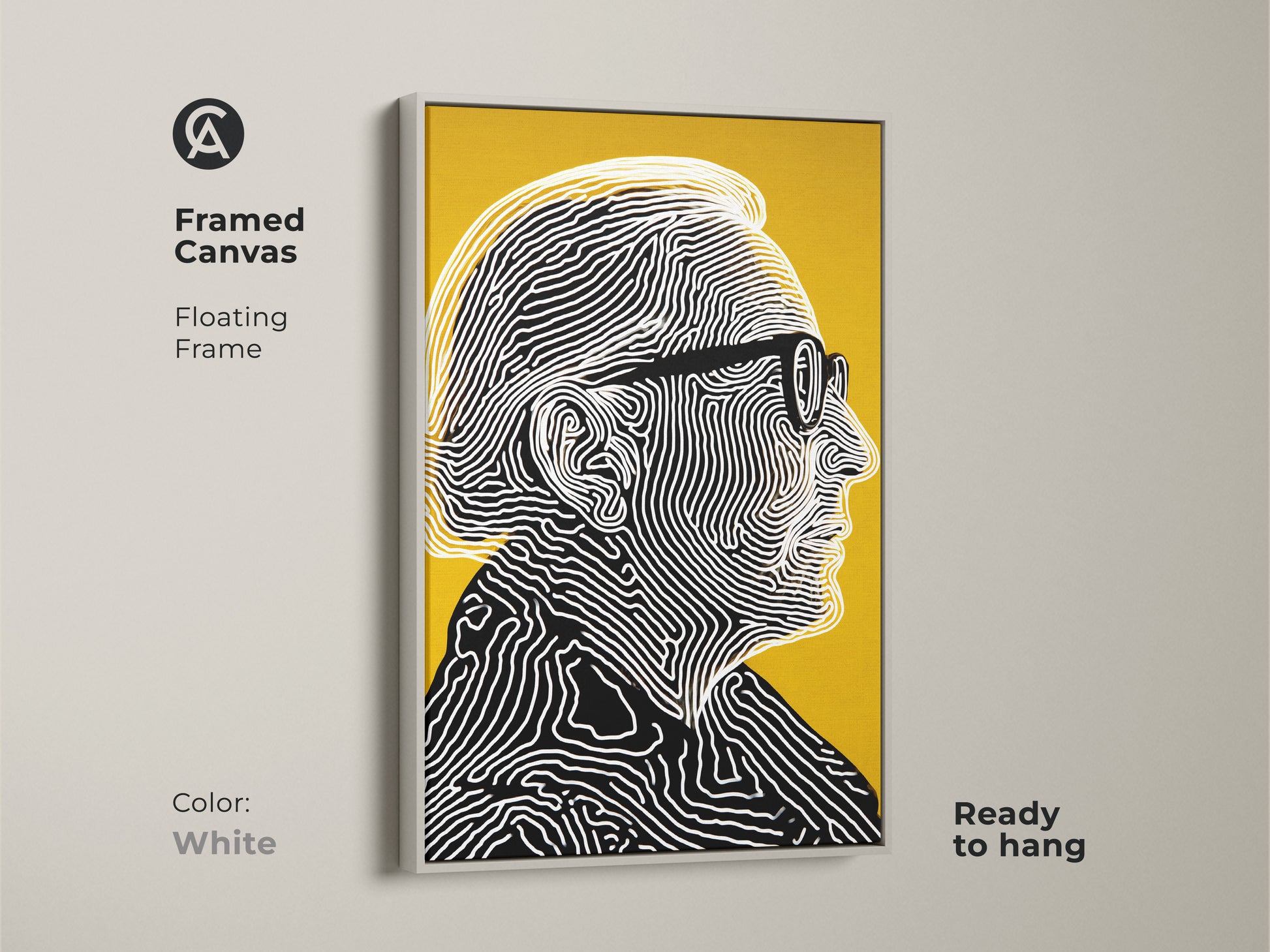 Framed canvas artwork featuring a portrait of a man with glasses. The white floating frame enhances the modern artwork. It features black and white line art on a yellow background. Ready to hang this in your space.