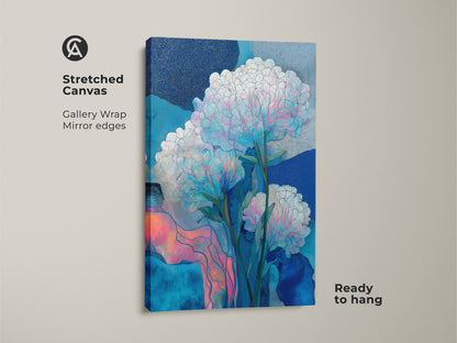 Stretched canvas of abstract floral wall art. Gallery wrapped with mirror edges this teal pink canvas art is ready to hang. The botanical art print features blue abstract art and pink botanical print making it a great housewarming gift.