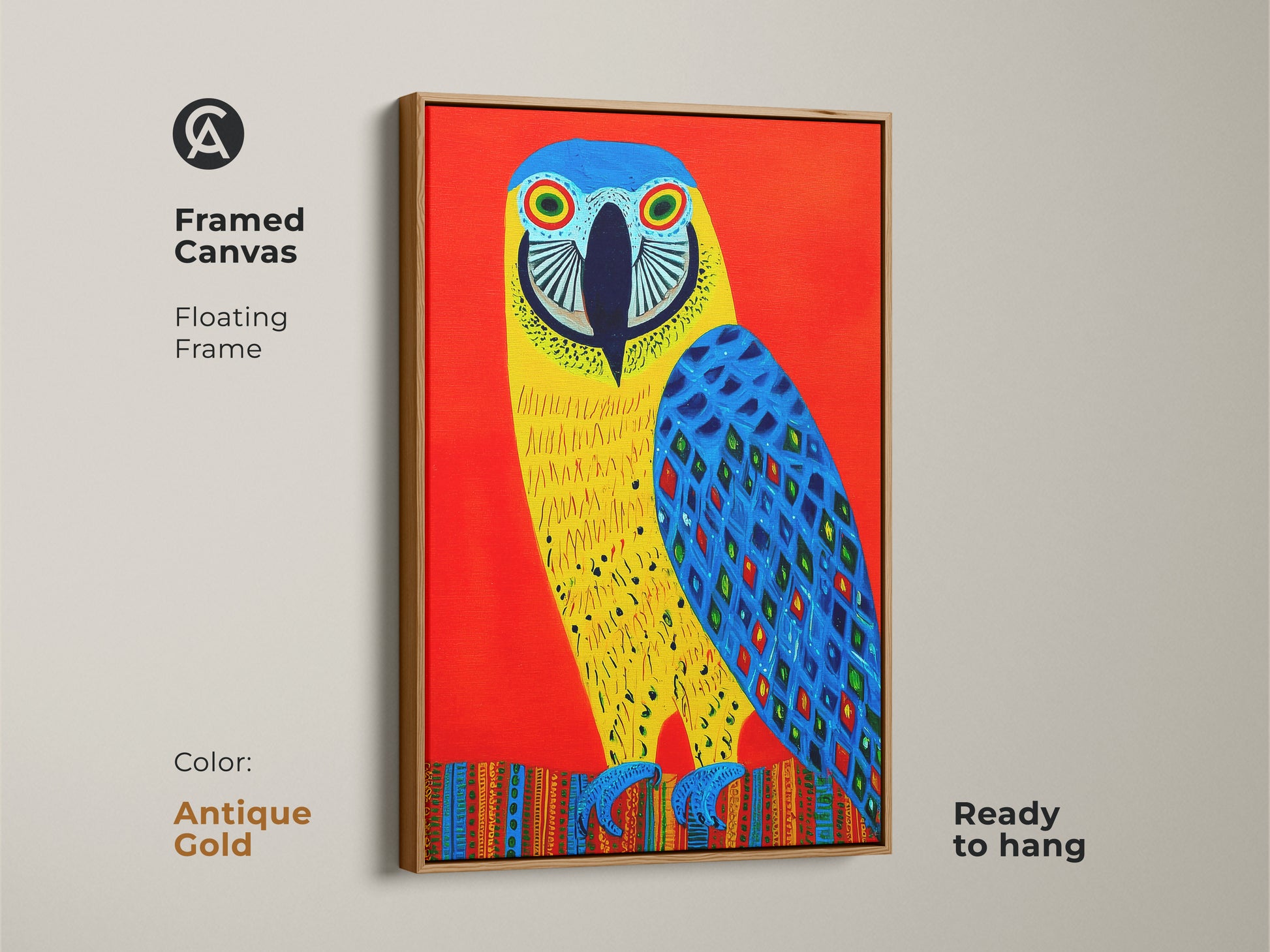 Framed canvas of a folk art macaw with an antique gold floating frame. The vivid colors of this tropical bird artwork creates statement wall. Ready to hang artwork enhances any living space.