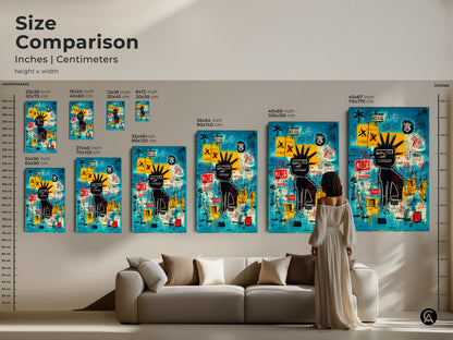Size comparison of Basquiat-style graffiti art prints. See how different sizes fit in a living room setting. Available in various dimensions for canvas and poster prints. Visualize the ideal size for your home.