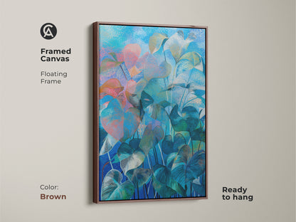 White framed canvas featuring blue teal abstract botanical print. A floating frame enhances this modern artwork. A serene ready to hang wall art piece perfect for a plant lover's boho bedroom.