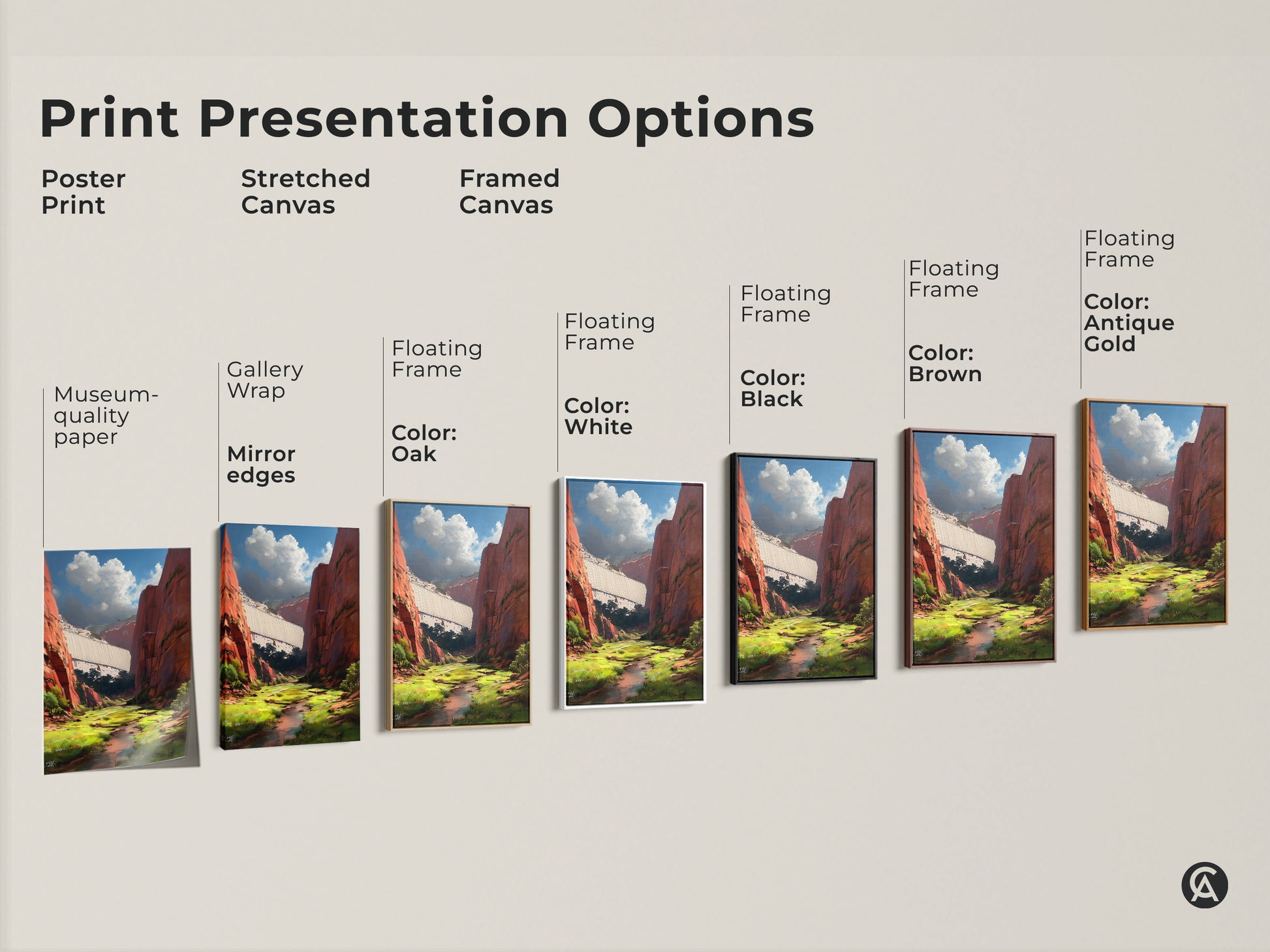 Explore print presentation options. See poster prints stretched canvas and framed canvas choices. Floating frames in oak black brown antique gold and white. Find the perfect scenic red canyon dam landscape art.