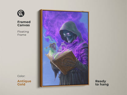 Framed canvas art of a skeleton wizard reading a spellbook. This dark fantasy art features a gothic wizard surrounded by purple magic. An antique gold floating frame enhances this piece. This piece is perfect as a halloween gift.