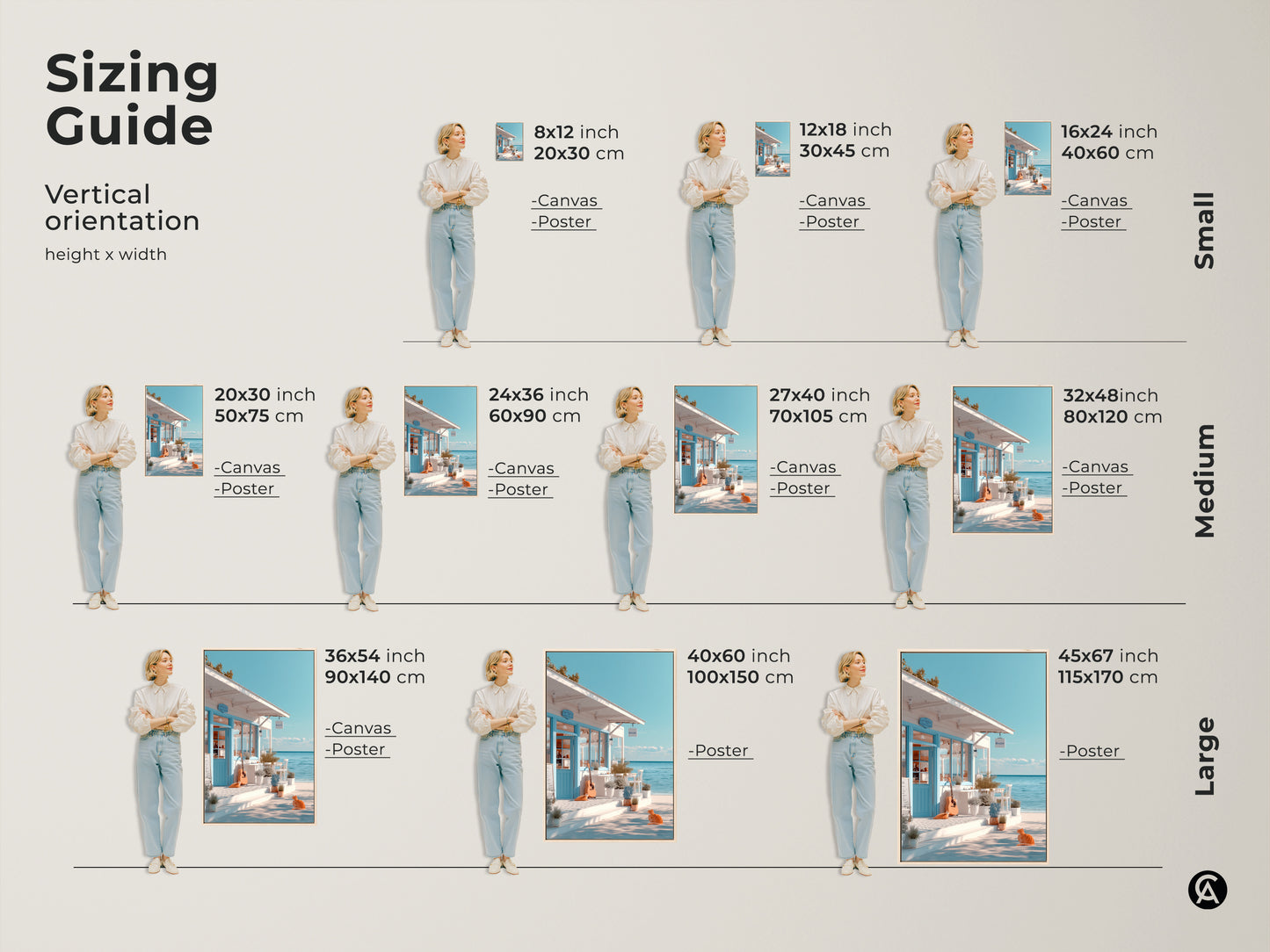 Sizing guide for vertical art orientation showing canvas and poster options. Visualize the art piece in different sizes from small to large. Each size features the beachside cafe scene. Find the perfect fit for your space with our sizing guide.