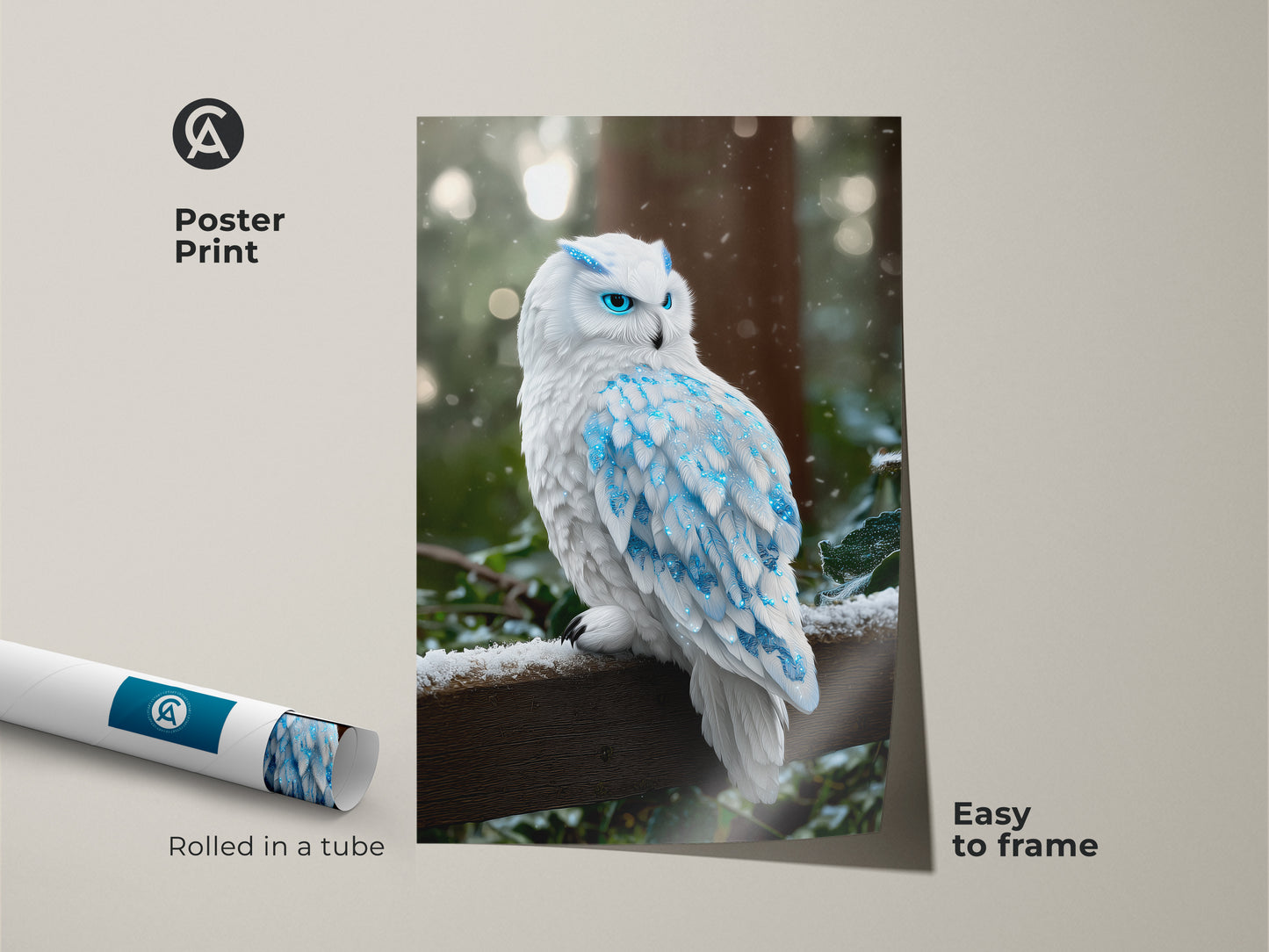Poster print featuring a fantasy snowy owl. The blue crystal owl art features a winter forest background. Easy to frame this arctic owl painting is rolled in a tube. This nature-inspired wall art is an animal lover gift.