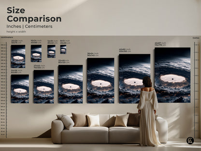 Size comparison of abstract space artwork in inches and centimeters. See how the deep navy nebula print looks in different sizes above a couch. Perfect contemporary decor for any modern living room. A great gift for stargazers.