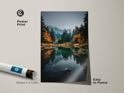 Adorn your walls with a vibrant mountain lake poster print. This museum-quality artwork is rolled in a tube for easy framing. The print captures a serene lake reflecting the majestic mountains and lush forest. Its easy to frame. Add natural elegance to your home today