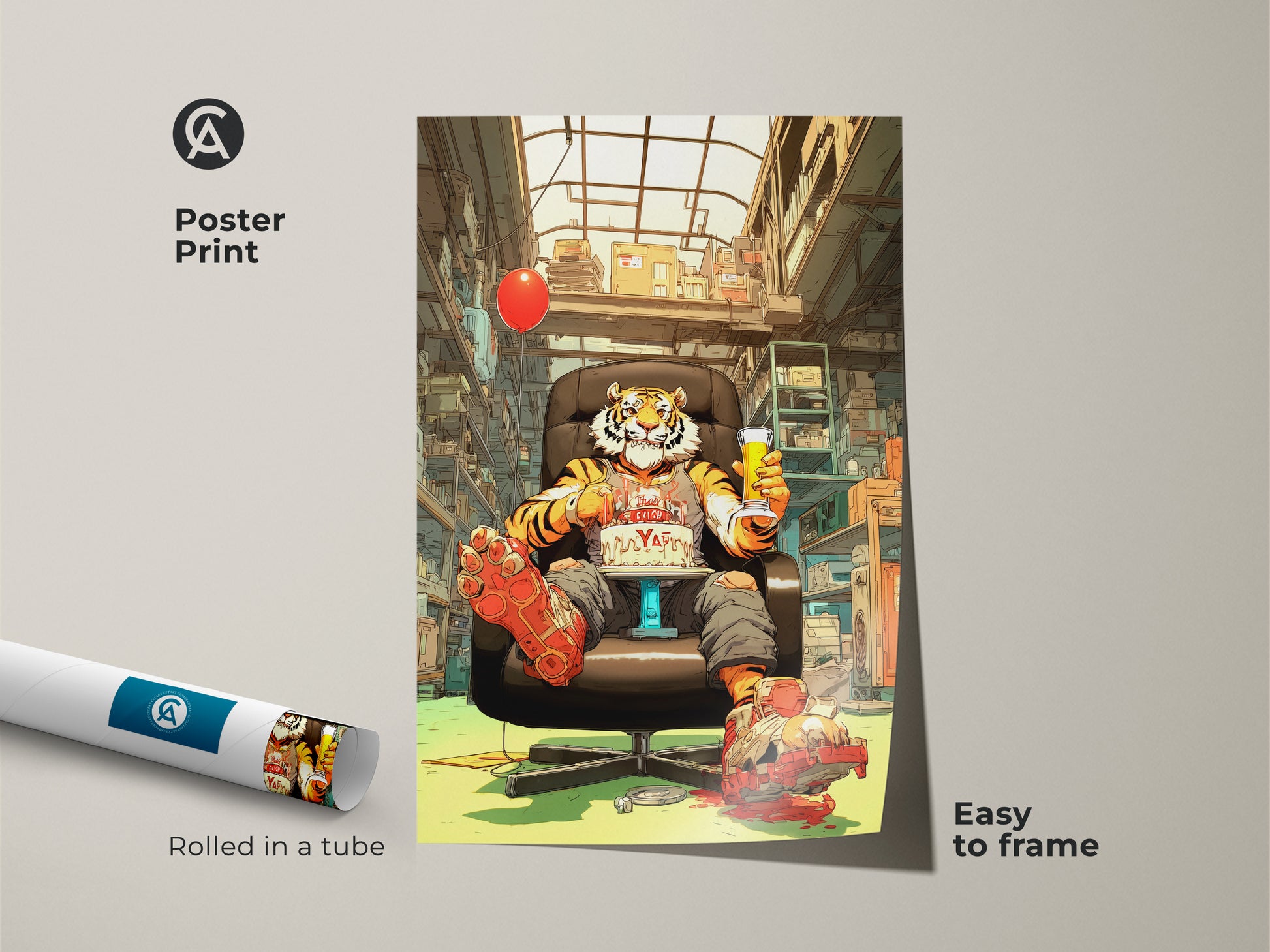 A surreal pop art tiger poster print rolled in a tube is easy to frame. This eclectic artwork brings a funny touch to office decor. The orange red yellow colors make it a vivid canvas. A perfect tiger lover present for man cave wall hanging.