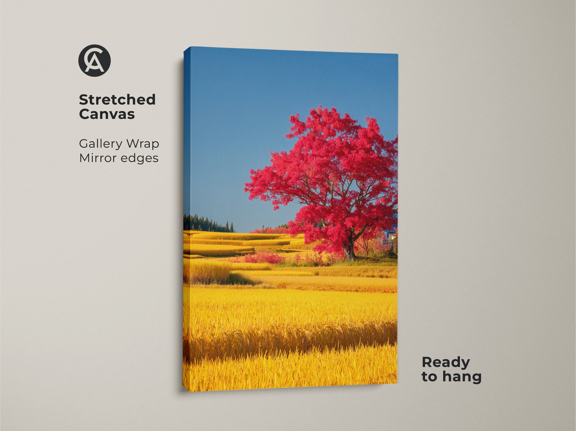 Stretched canvas print of a red tree in a yellow rice field. This nature artwork shows gallery wrapped edges. It is ready to hang making it an easy eclectic home decor solution. The scenic landscape art print is a great housewarming gift for nature lovers adding vibrant color to any space.