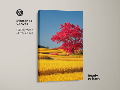 Stretched canvas print of a red tree in a yellow rice field. This nature artwork shows gallery wrapped edges. It is ready to hang making it an easy eclectic home decor solution. The scenic landscape art print is a great housewarming gift for nature lovers adding vibrant color to any space.