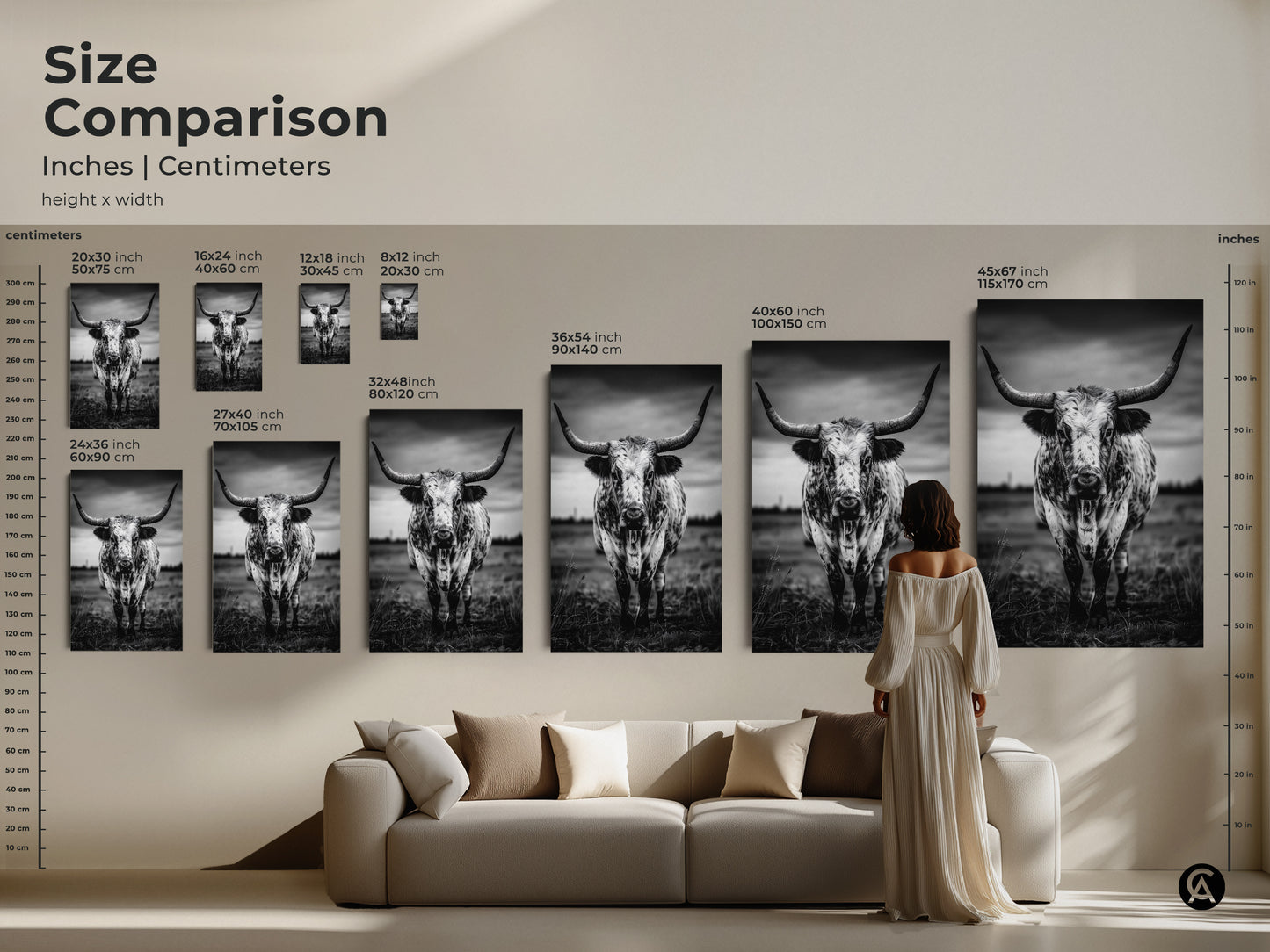 Size comparison of a black and white Texas Longhorn artwork in various dimensions. The rustic cow print looks great in any space. From a small accent to a large statement piece. Choose the perfect size to complement your farmhouse modern or minimalist decor bringing a touch of the wild west to your residential space.