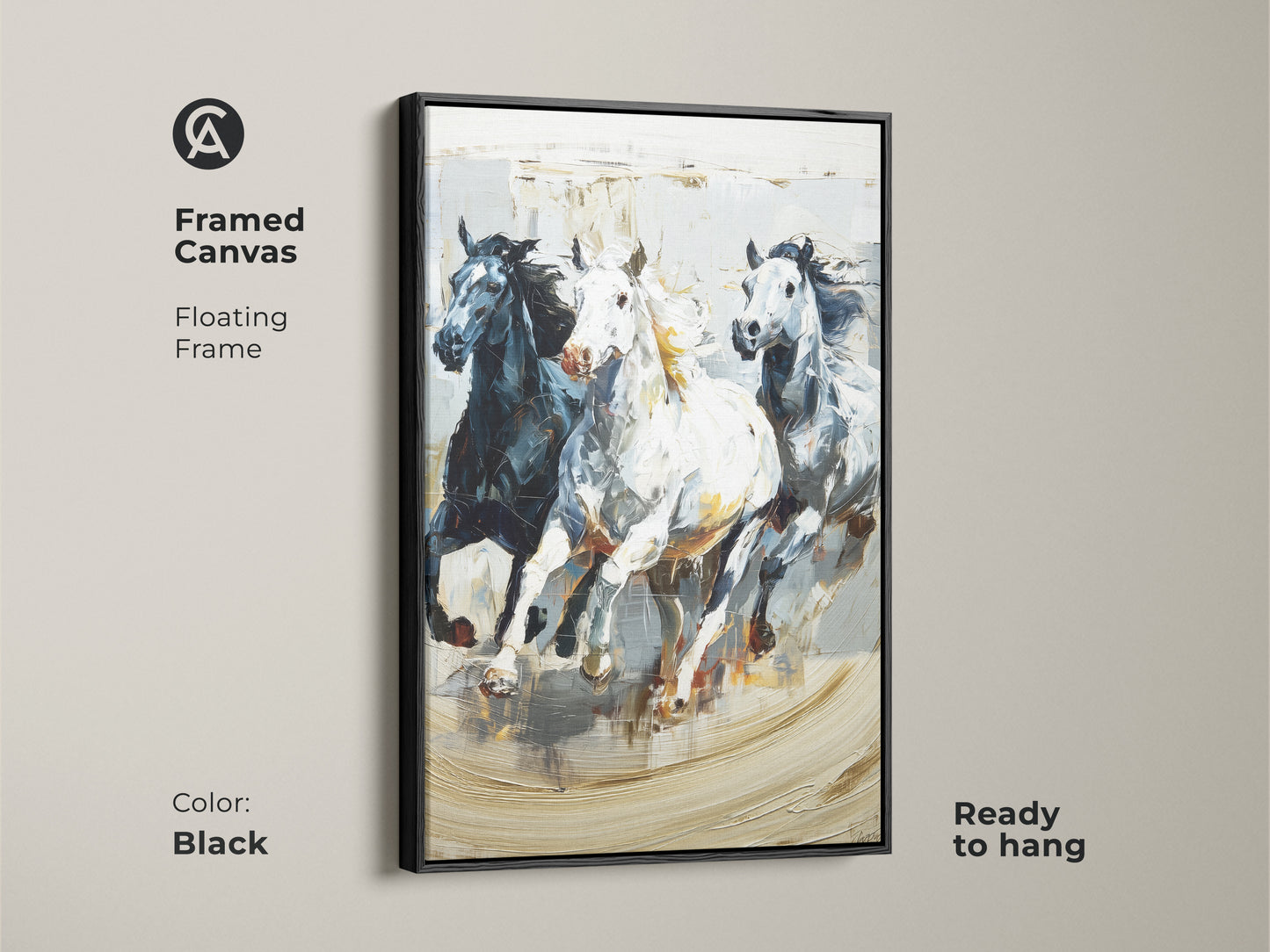 Framed canvas featuring three galloping horses in an impressionistic style with a floating black frame. The black white and gray animal nature artwork is ready to hang. It is a dynamic equine art. Perfect for eclectic homes and horse enthusiasts. This modern animal artwork brings nature's beauty to any room. It is a unique housewarming gift.
