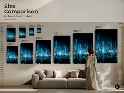 Size comparison of digital city art. The art is available in multiple sizes. See how the art looks above a couch. This art comes as canvas or poster. Multiple sizes are available.