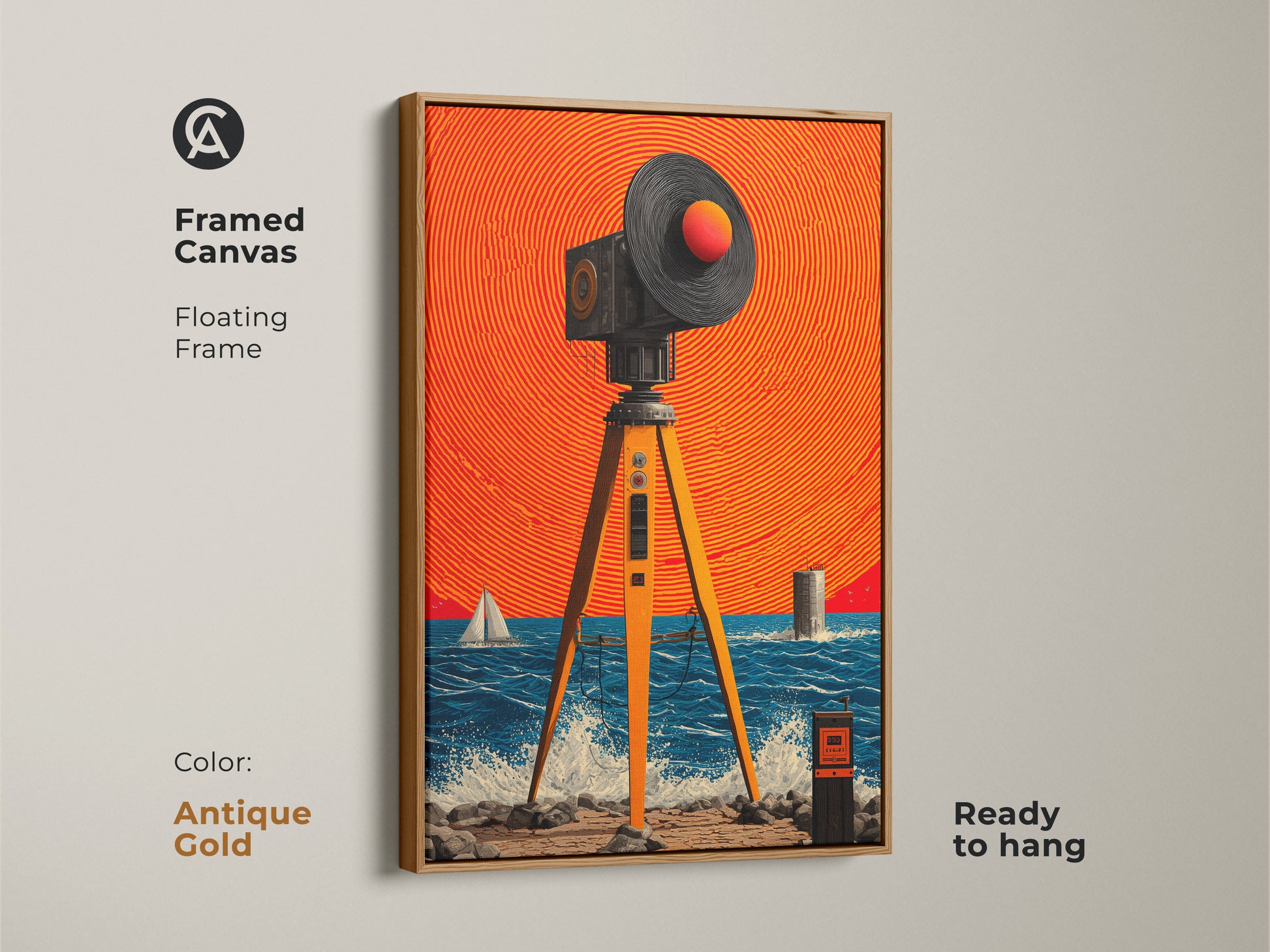 Elevate your space with Framed Canvas. It is a retro futuristic artwork showcasing a surreal seascape. It features surveying equipment and a sailboat. The antique gold floating frame complements modern abstract artwork. It is ready to hang.