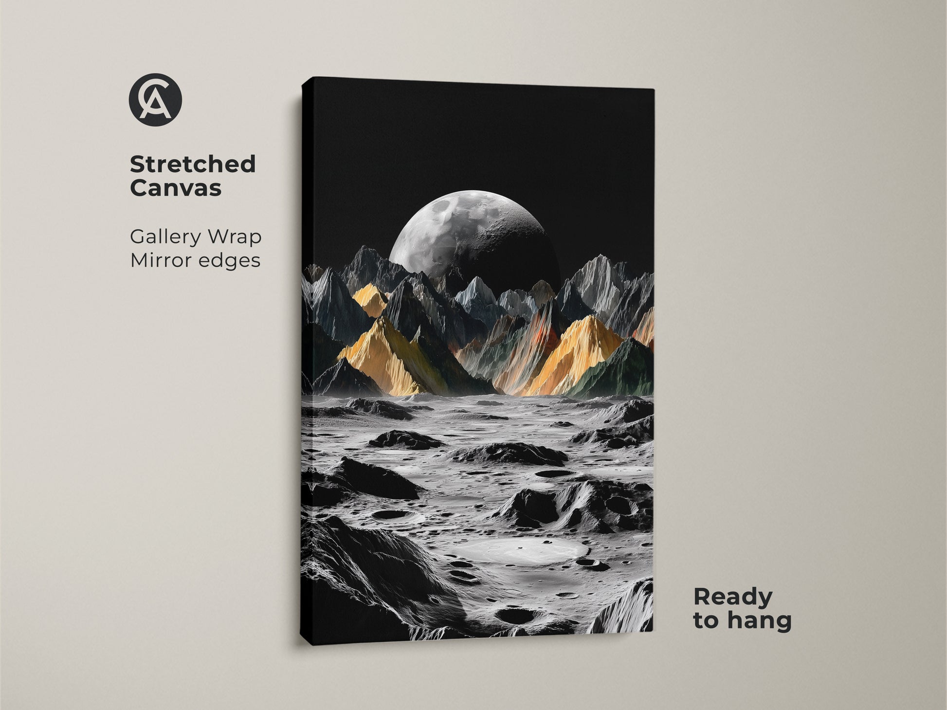 Stretched canvas art print of a surreal moon landscape. The gallery wrap features mirror edges and ready to hang. It showcases lunar mountains under a dark sky with a prominent moon. The black and yellow palette art is perfect for sci-fi fans and astronomy lovers.