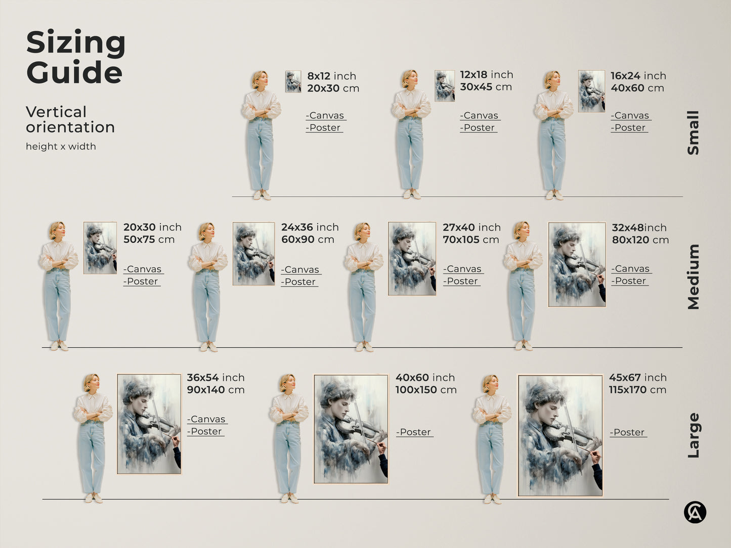 Sizing guide for vertical art featuring a young violinist. Available in small medium and large sizes. Options include canvas and poster prints. Find the perfect fit for your space. Transform your home with this stunning artwork. Discover the ideal size.