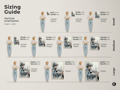 Sizing guide for vertical art featuring a young violinist. Available in small medium and large sizes. Options include canvas and poster prints. Find the perfect fit for your space. Transform your home with this stunning artwork. Discover the ideal size.