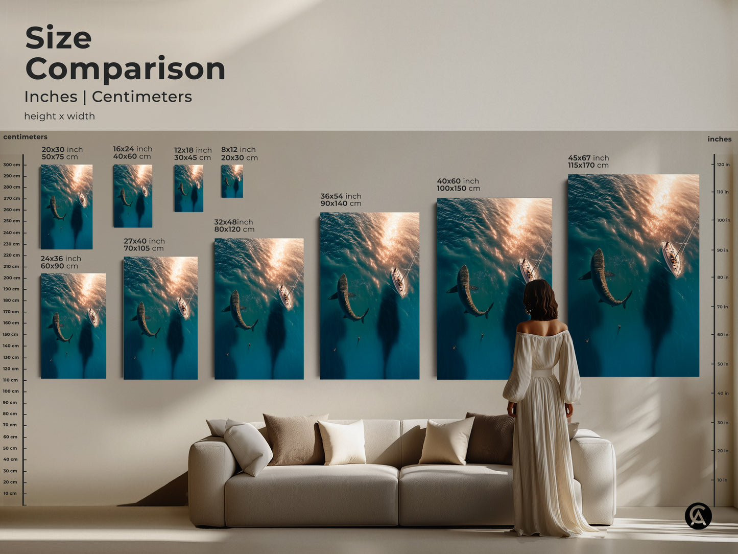 Size comparison of shark and sailboat artwork in inches and centimeters. See how various sizes fit above a sofa. Choose the ideal scale for your deep sea wildlife art. Modern ocean art for any room.