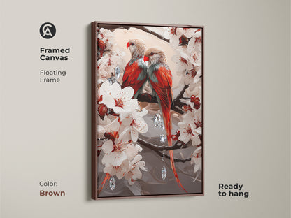 A framed canvas featuring parrots on a cherry blossom branch. The artwork features a floating brown frame. It will add a touch of warmth to your space. It also makes for a unique anniversary gift for couples.