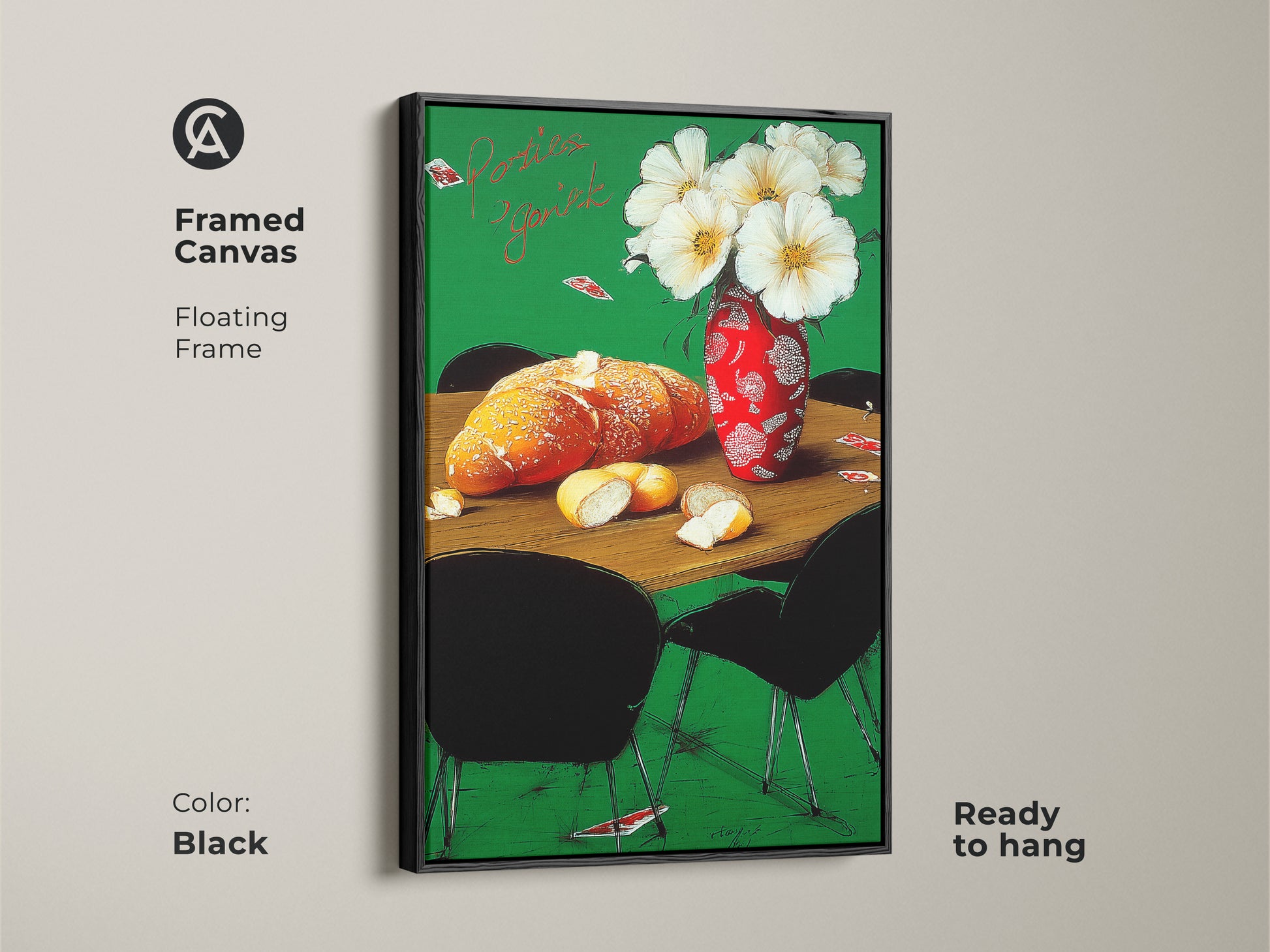 A framed canvas art of a French bakery still life with a black floating frame. The artwork features bread flowers in a red vase. Ideal housewarming gift art for adding color and character to any space.