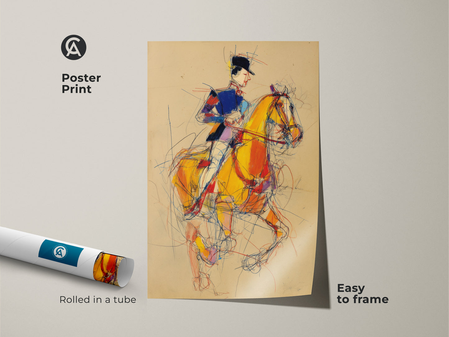 Poster Print of an equestrian artwork. The horse and rider are depicted in a sketchy expressionist style. Yellow blue and red colors make this art eye-catching. It is easy to frame and adds a touch of elegance to any room.