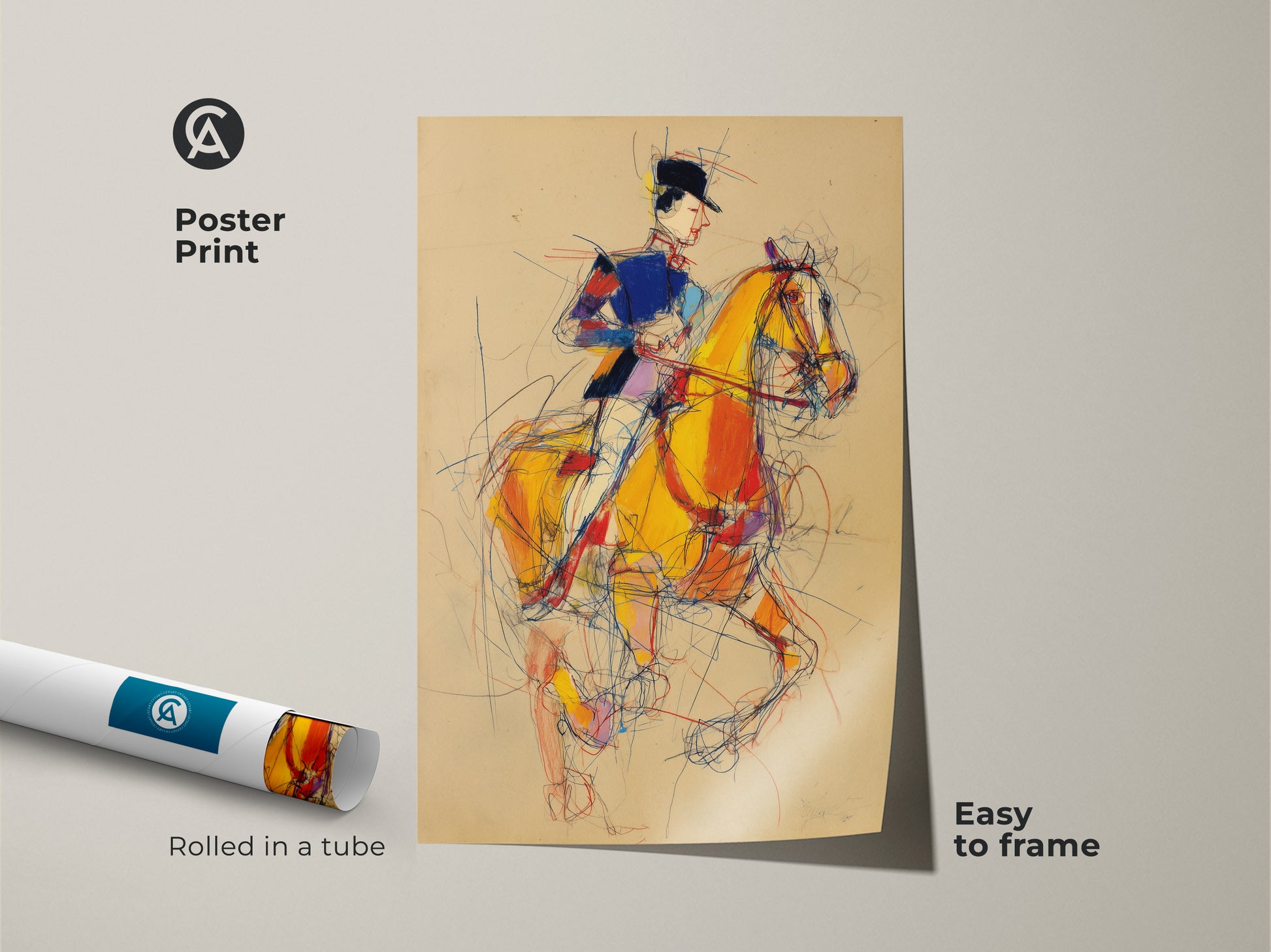 Poster Print of an equestrian artwork. The horse and rider are depicted in a sketchy expressionist style. Yellow blue and red colors make this art eye-catching. It is easy to frame and adds a touch of elegance to any room.