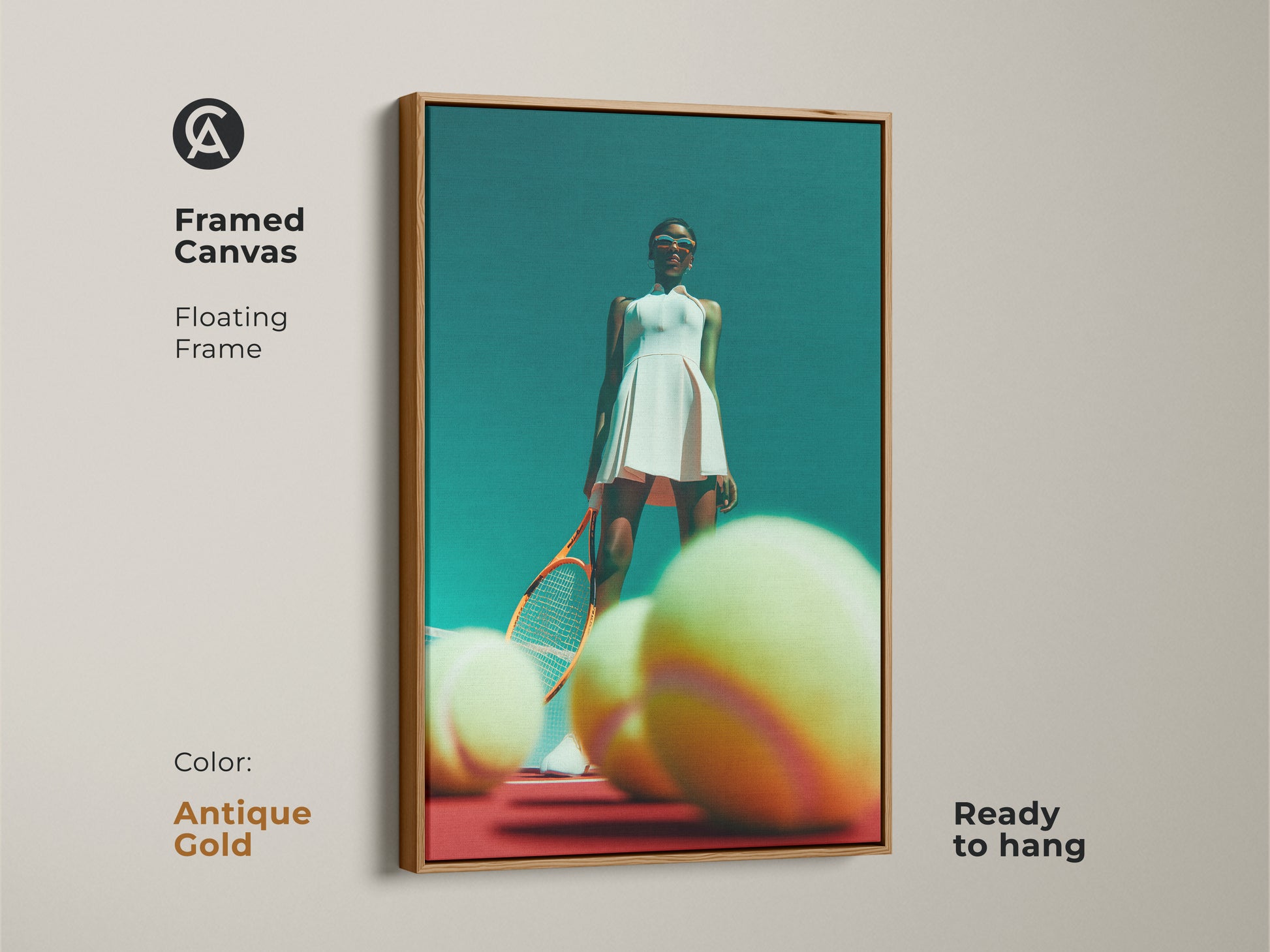 Framed canvas artwork featuring a female tennis player in a white dress. The floating frame is antique gold. She is standing on a red court with tennis balls around her. This ready to hang artwork adds a touch of elegance and sport to your space. Get yours now